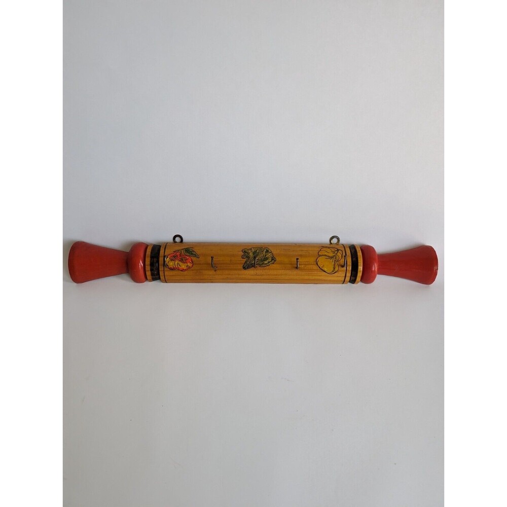 Vintage Kitschy Kitchen Decor Red Cherry on Wood Rolling Pin w/Hooks. 7" long